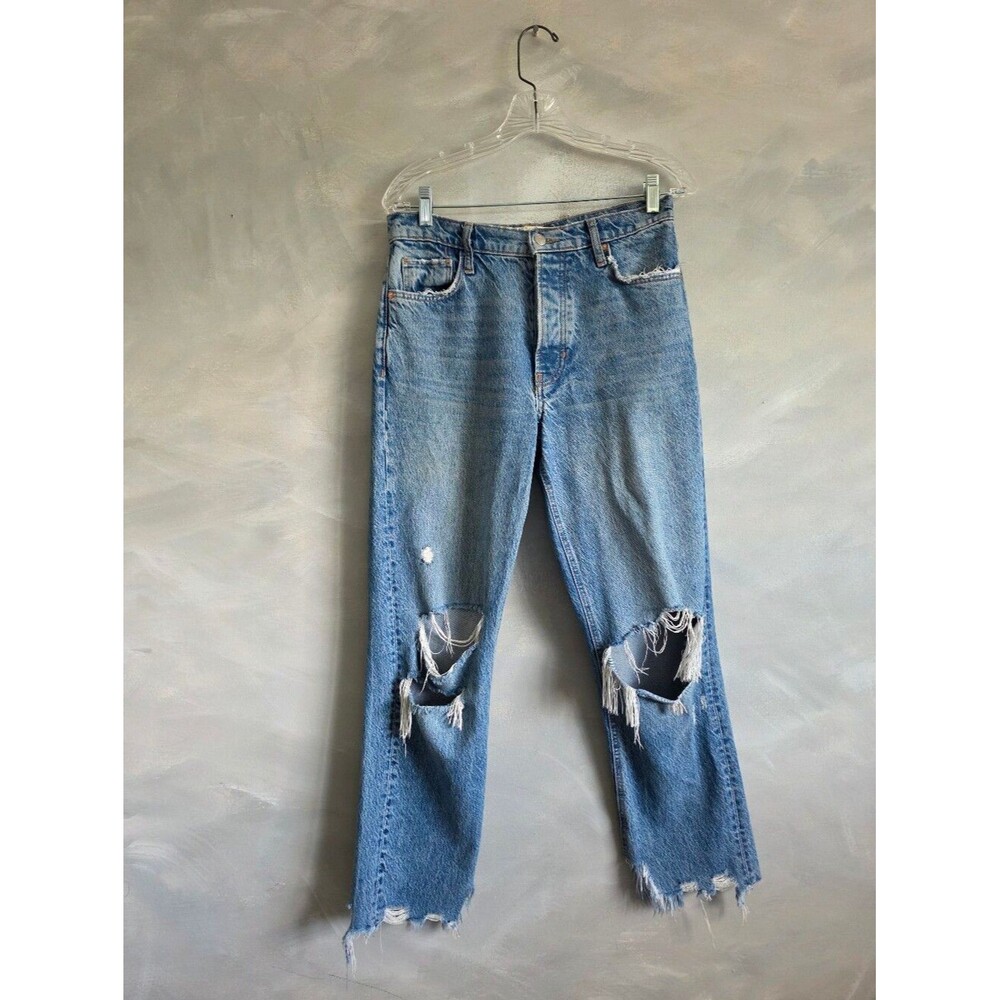 We The Free Tapered Baggy Boyfriend Fit High Waist Button Fly Jeans 26 Raw Hem